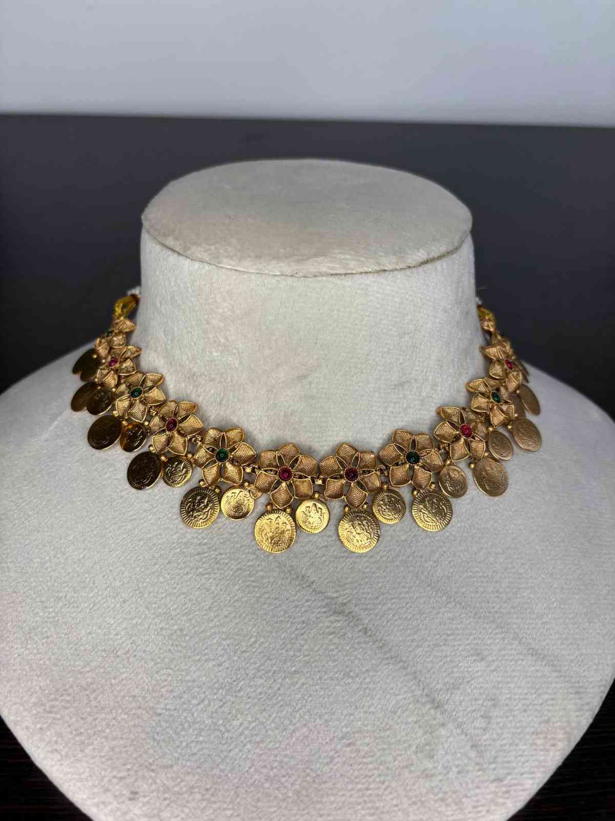Matte finish Floral Lakshmi Coin Necklace N0230