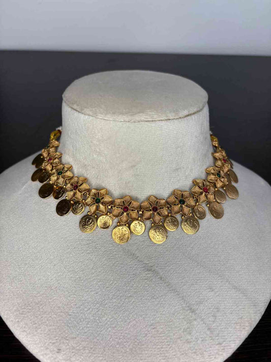Matte finish Floral Lakshmi Coin Necklace N0230