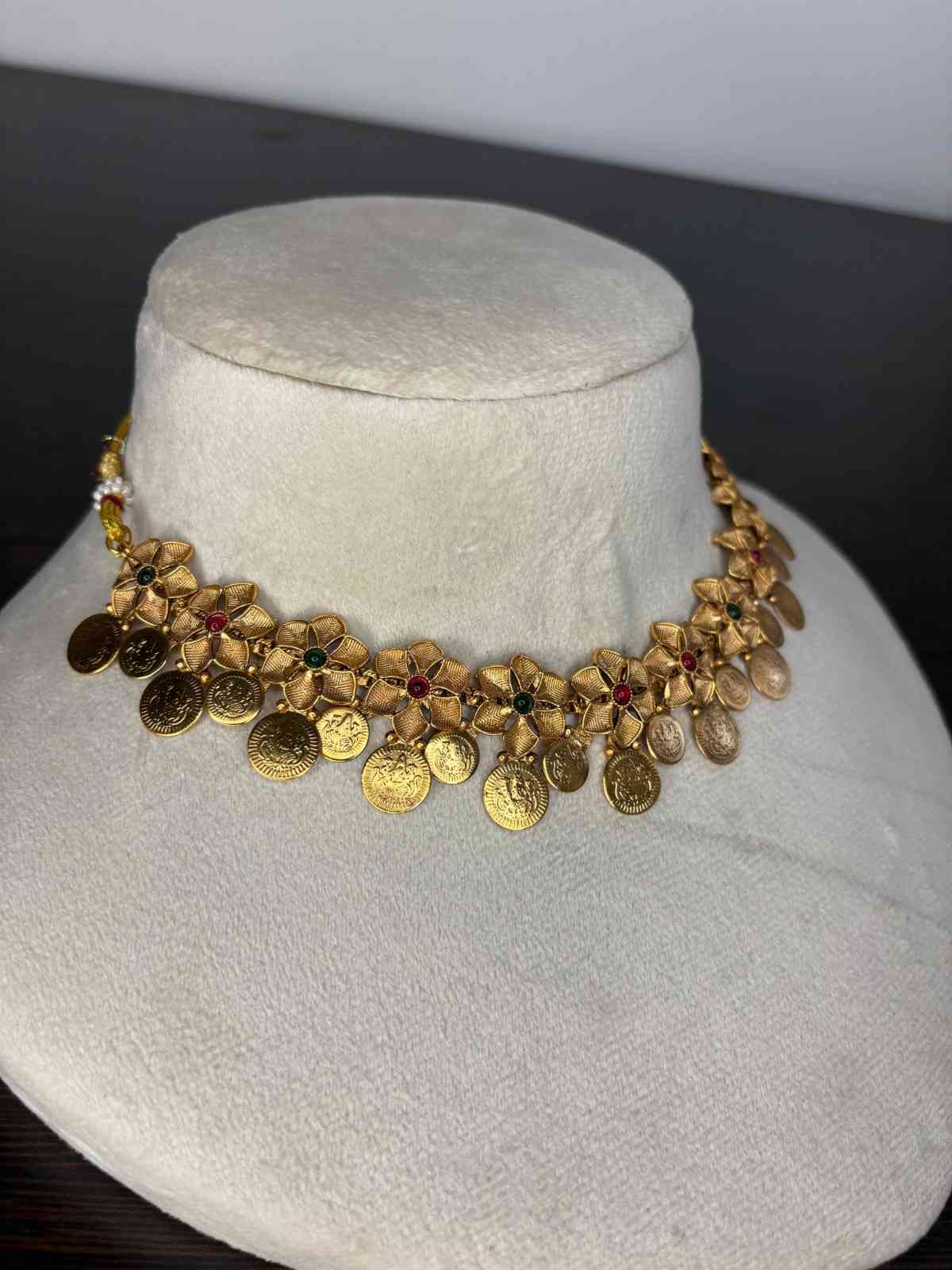 Matte finish Floral Lakshmi Coin Necklace N0230