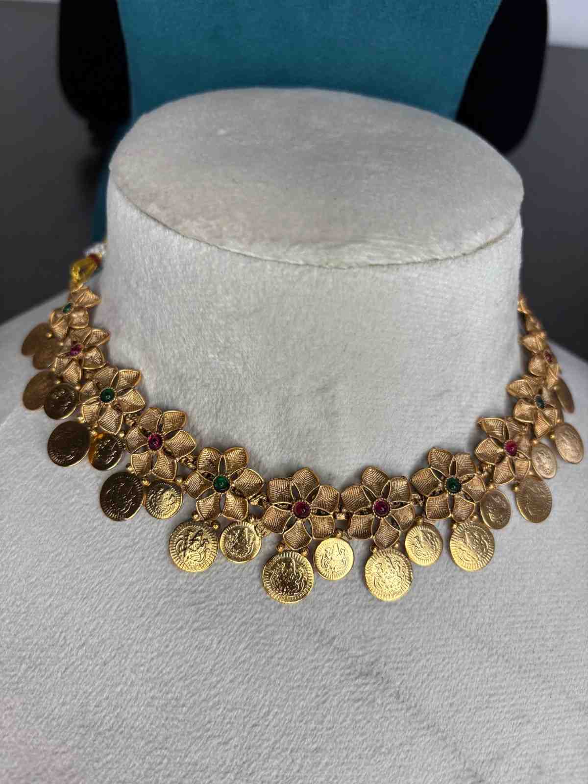 Matte finish Floral Lakshmi Coin Necklace N0230