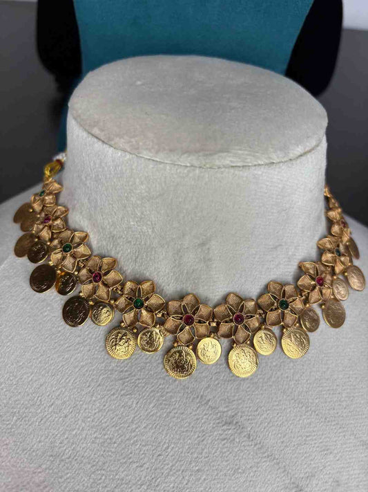 Matte finish Floral Lakshmi Coin Necklace N0230