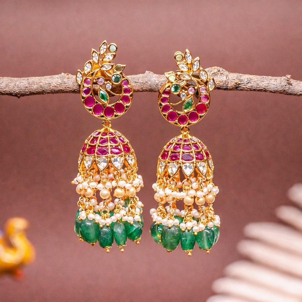Premium Real Kemp Stone Peacock Jhumka J0027-CU70