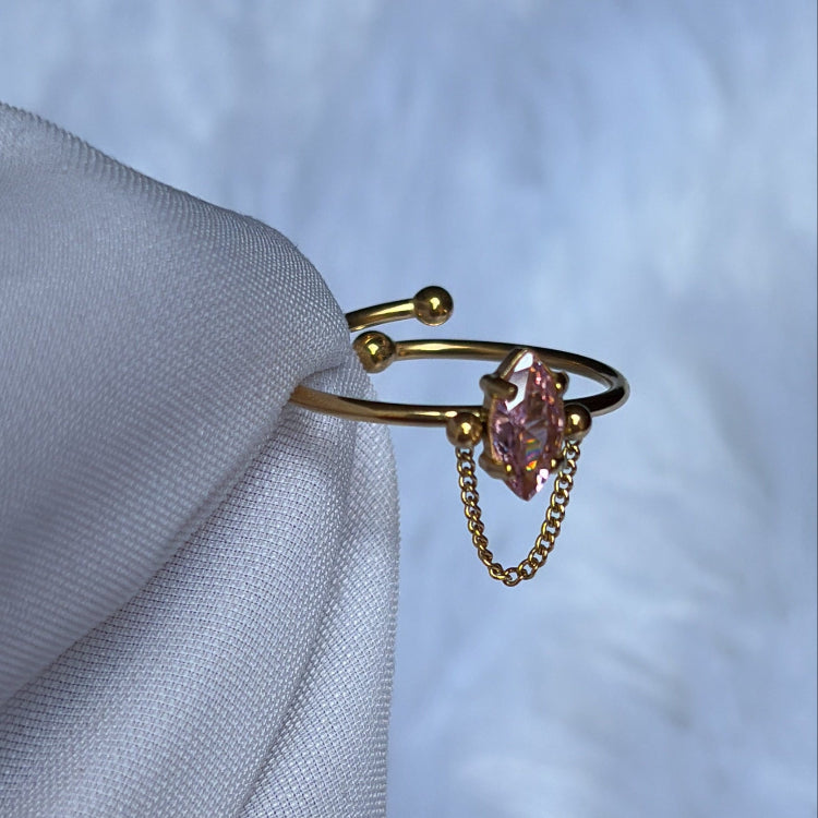 Stainless Steel Pink Stone Chained Adjustable Ring SR002