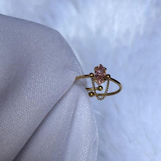 Stainless Steel Pink Stone Chained Adjustable Ring SR002