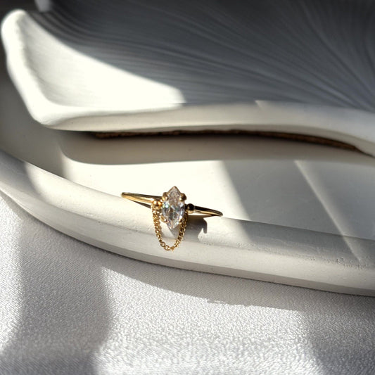 Stainless Steel White Stone Chained Adjsutable Ring SR001