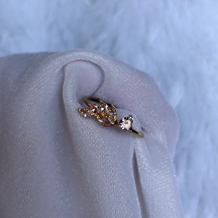 Stainless Steel Heart & Leaf Pink Stone Adjustable Ring SR005