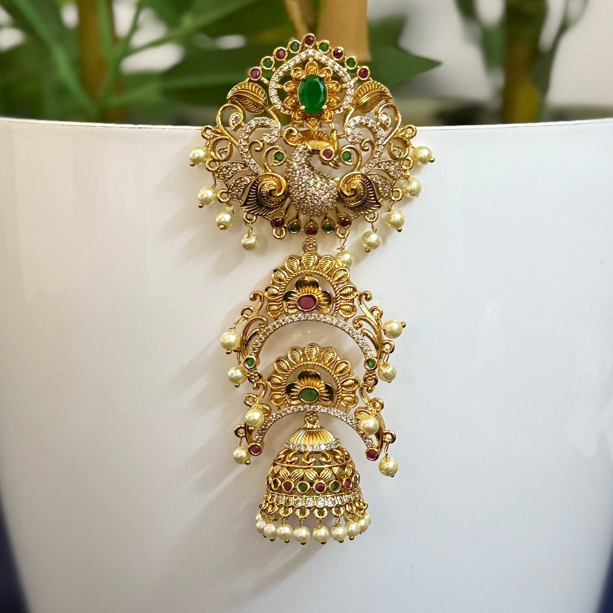 Premium Quality Peacock Floral Pattern Hair Accessories Brooches Hoop Type Design with 1st Quality Ruby Red and Emerald Green Stones HA0010-CE80