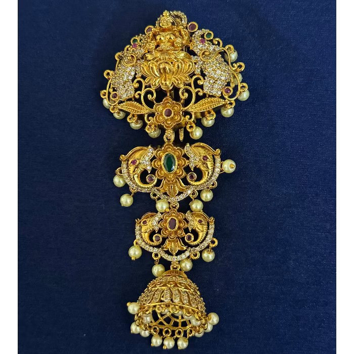 Premium Quality Lakshmi Elephant Pattern Hair Accessories Brooches Hoop Type Design with 1st Quality Ruby Red and Emerald Green Stones HA0011-CE80