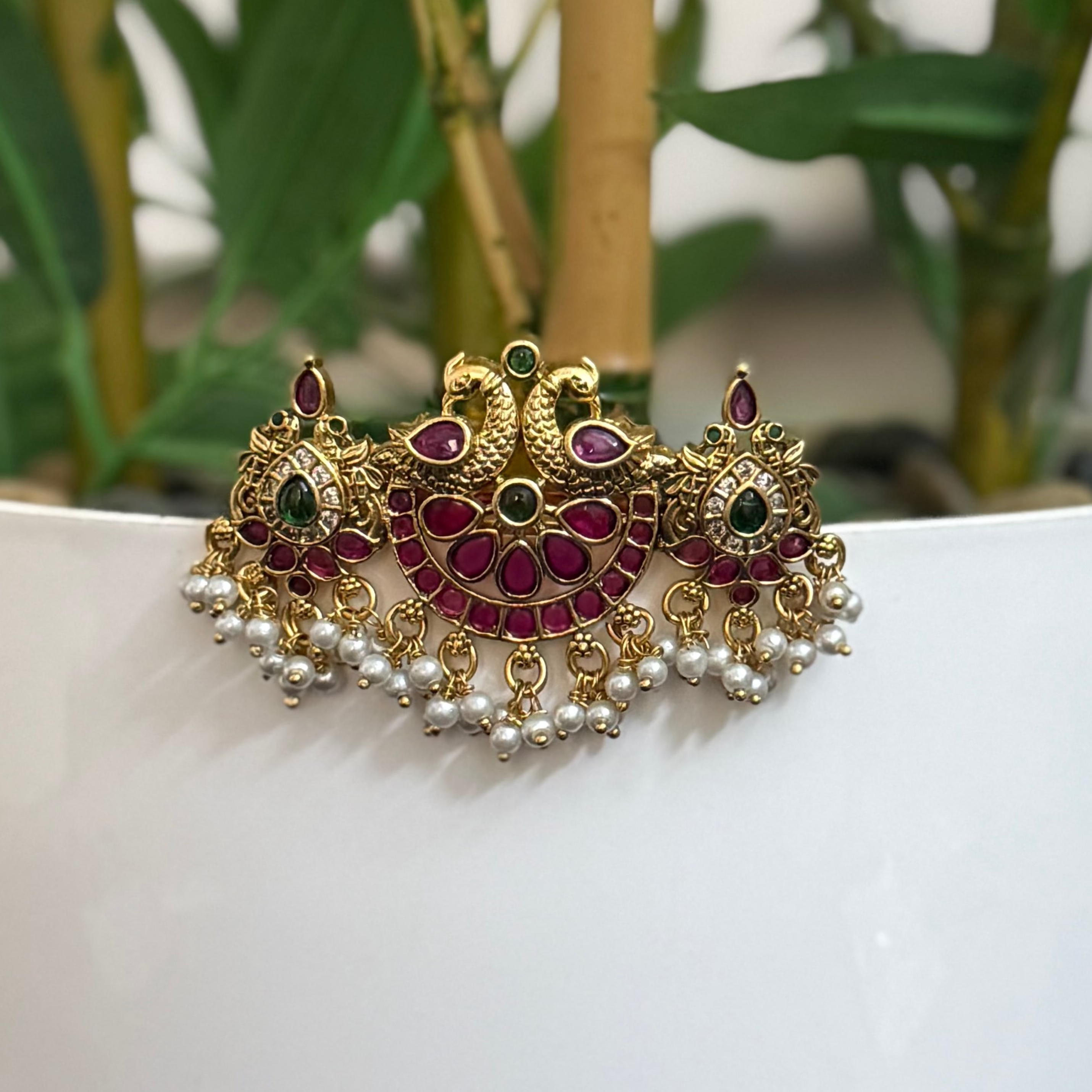 Premium Quality Hair Accessories Brooches Clip Type Design with Red and Green kundan Stones HA008-CR67