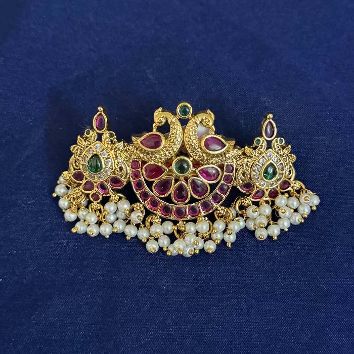 Premium Quality Hair Accessories Brooches Clip Type Design with Red and Green kundan Stones HA008-CR67