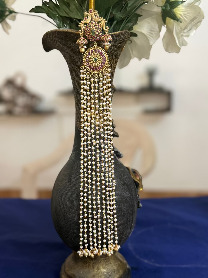 Premium Quality Hair Accessories Brooches Hoop Type Design with Red and Green kundan Stones Pearl Hangings HA009-CR123