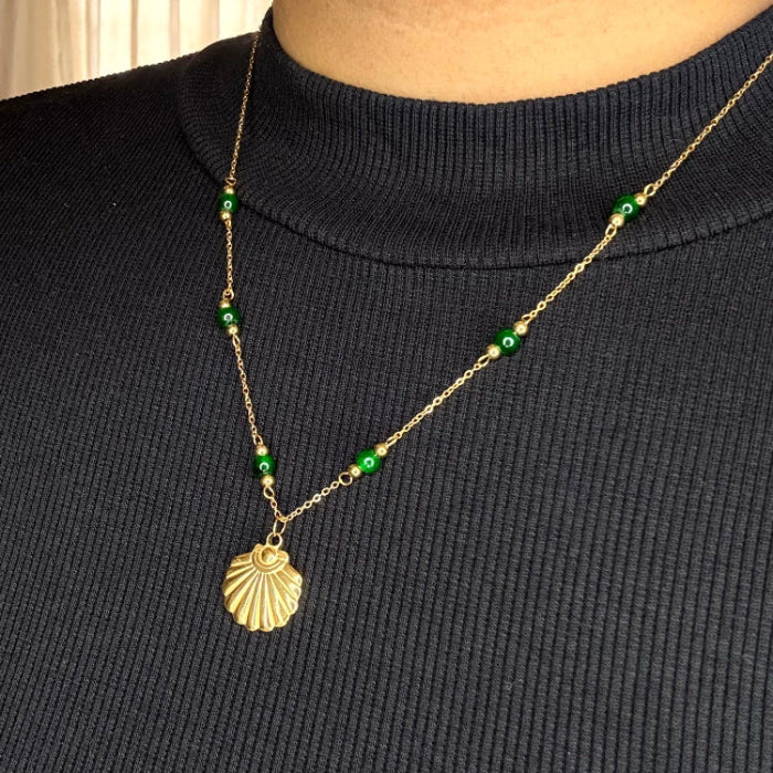 Stainless Steel Anti tarnish Green Bead Shell Pendent Chain SC0012