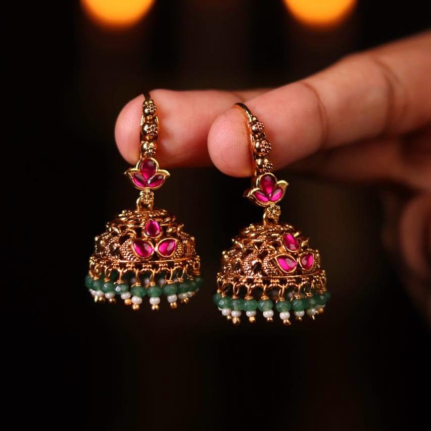 Premium Quality Trendy Hoop Jhumka Jadau Kundan Stone With green Crystal beads J005-CF59