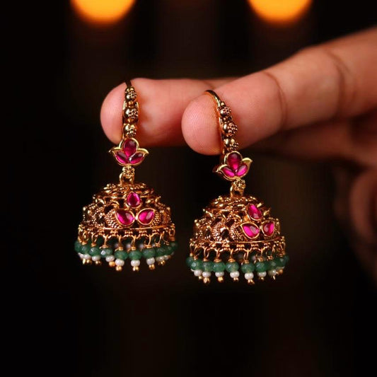 Premium Quality Trendy Hoop Jhumka Jadau Kundan Stone With green Crystal beads J005-CF59