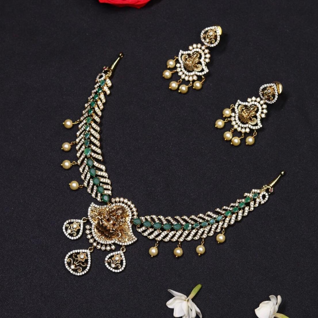 Premium Quality Unique Design with Emerald Stone Peacock Feather Temple Necklace N011-CR70