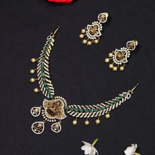 Premium Quality Unique Design with Emerald Stone Peacock Feather Temple Necklace N011-CR70