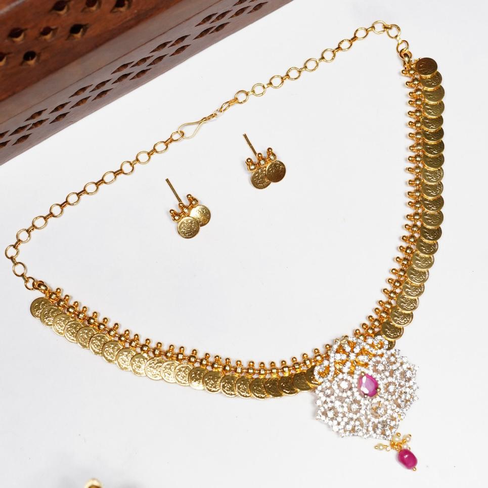 Traditional Kasu and Mordern AD White & Ruby Stone Necklace N0046-CV90