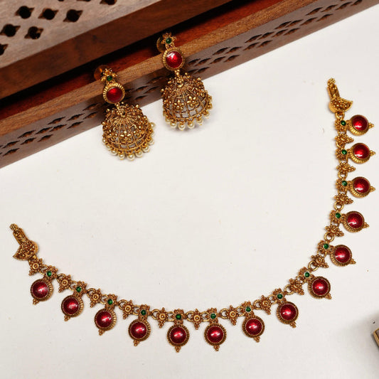 Traditional Palaka Red Enamel Necklace with jhumka Matte finish N0080-CD22