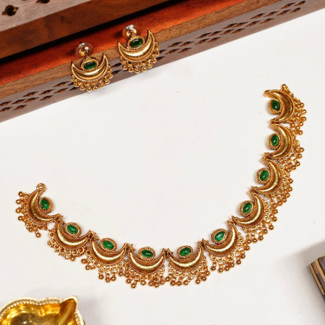 Matte Finish Moon design Necklace with Green Stone  N0077-CJ20