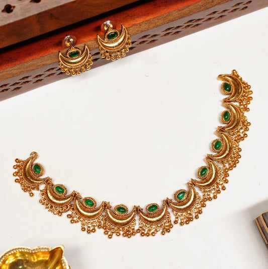 Matte Finish Moon design Necklace with Green Stone  N0077-CJ20