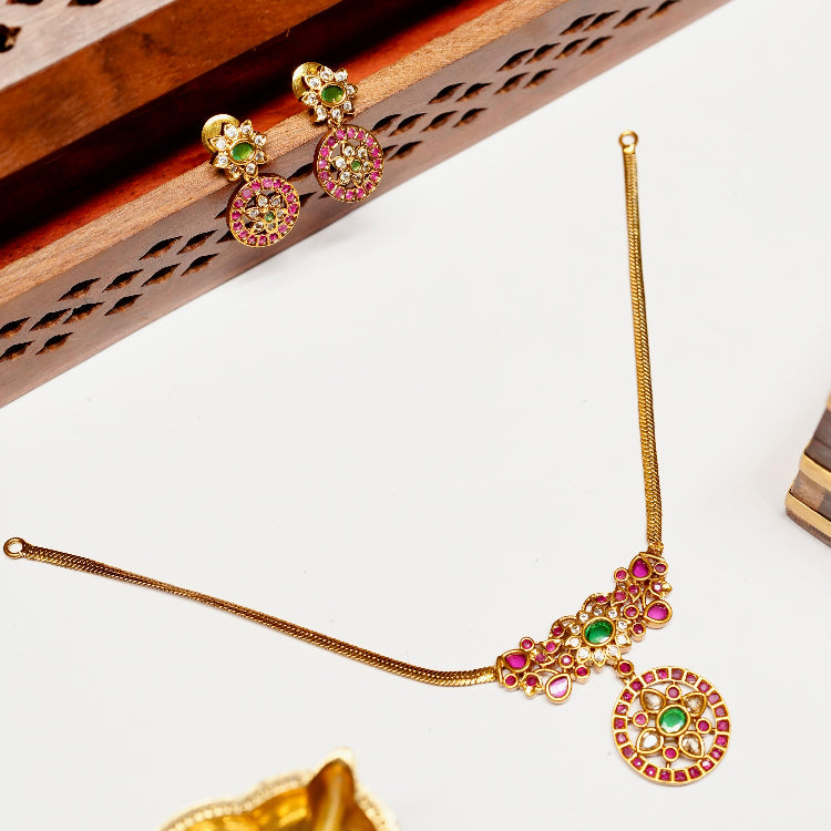 Premium Quality Traditional Attigai type Ruby Red & Emerald Color Stone Necklace N0072-CJ27