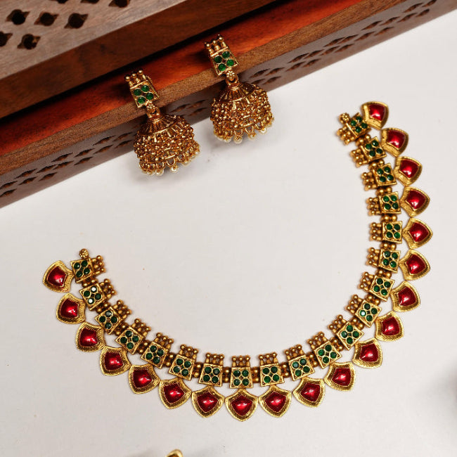 Traditional Palaka Red enamel Necklace Matte Finish with Matching jhumka N0078-CD40