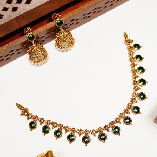 Traditional Palaka Green Enamel Necklace with jhumka Matte finish N0081-CD22