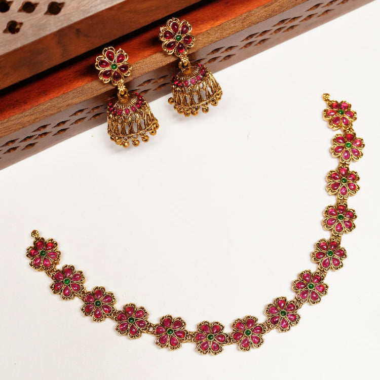 Floral Kemp Stone Necklace With Jhumka N0079-CD19