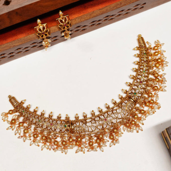 Hasli Type Floral Design Necklace with Earring Matte Finish N0083-CD36