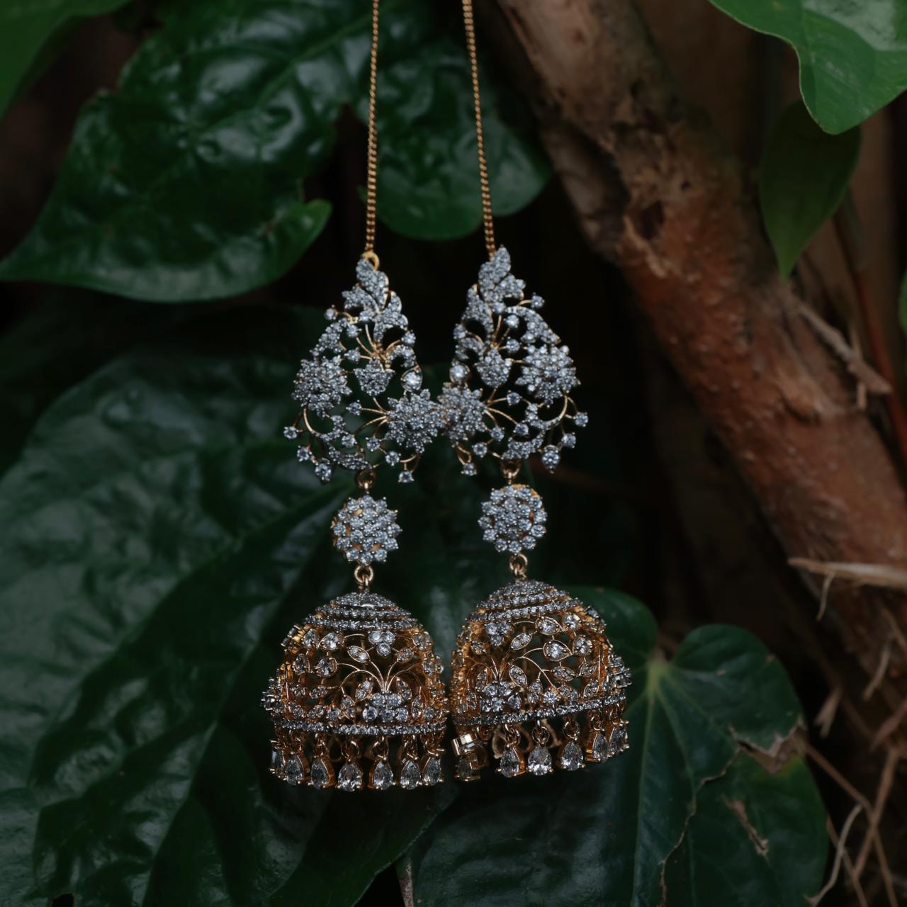 AD Stone Premium Quality Rhodium polish Khushboo jhumka Mattal Attached  Bridal Jhumka J0039-CO12