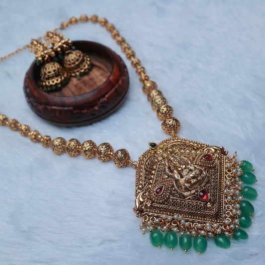 Matte Finish Premium Look Chettinad Design Ball Chain Lakshmi Middle Length Haram with Green Beads  H0016-CJ50