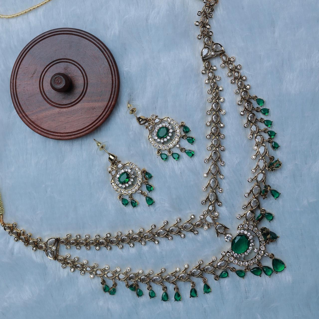 Premium Quality Trisha Inspired 2 Layer Diamond Replica with White AD Stone and Emerald color Green Stone N0091-CO88