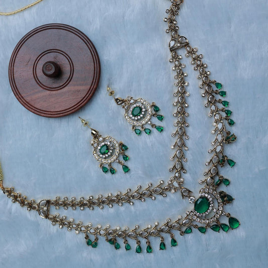 Premium Quality Trisha Inspired 2 Layer Diamond Replica with White AD Stone and Emerald color Green Stone N0091-CO88