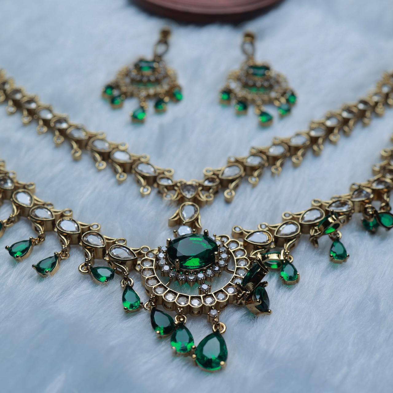 Premium Quality Trisha Inspired 2 Layer Diamond Replica with White AD Stone and Emerald color Green Stone N0091-CO88