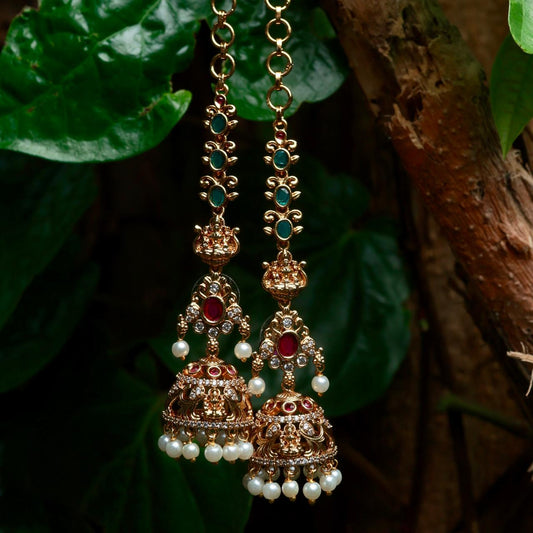 Premium Quality Lakshmi Stone Jhumka with Attached Mattal Floral Pattern Designed with Ruby Red Emerald Green Stones J0040-CO45
