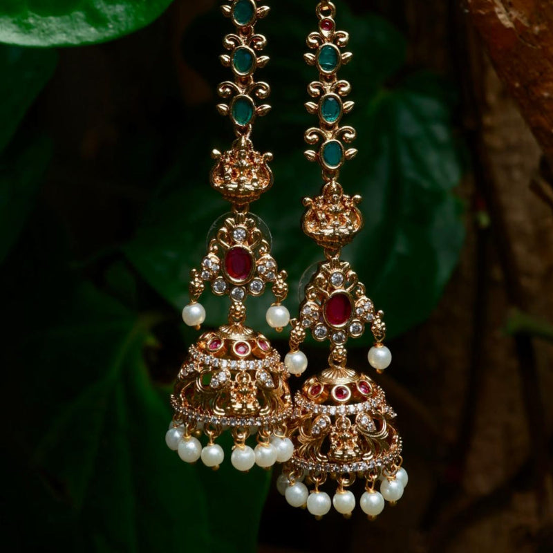 Premium Quality Lakshmi Stone Jhumka with Attached Mattal Floral Pattern Designed with Ruby Red Emerald Green Stones J0040-CO45