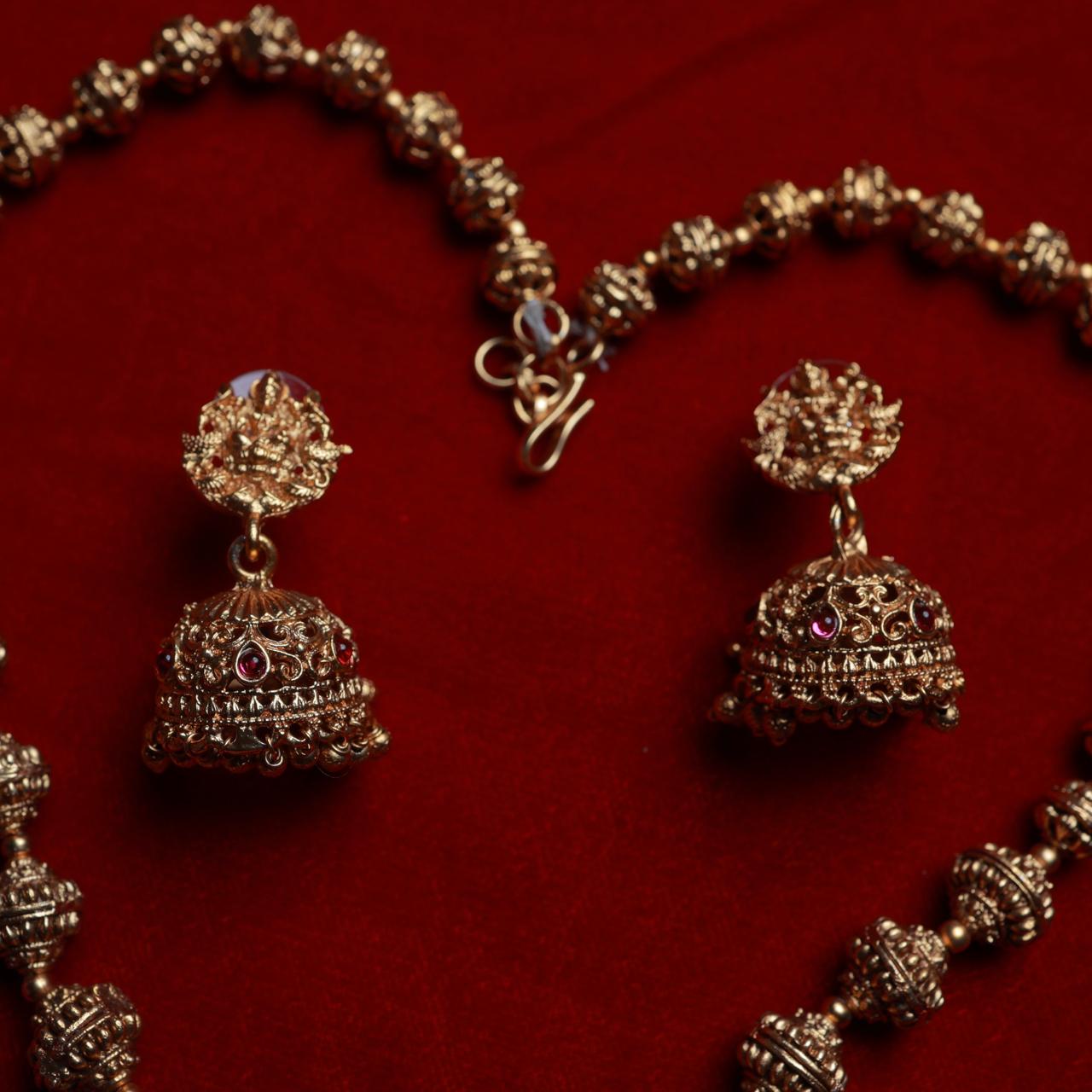 Matte Finish Premium Look Chettinad Design Ball Chain LakshmI Middle Length Haram with Gold Beads H0017-CT70