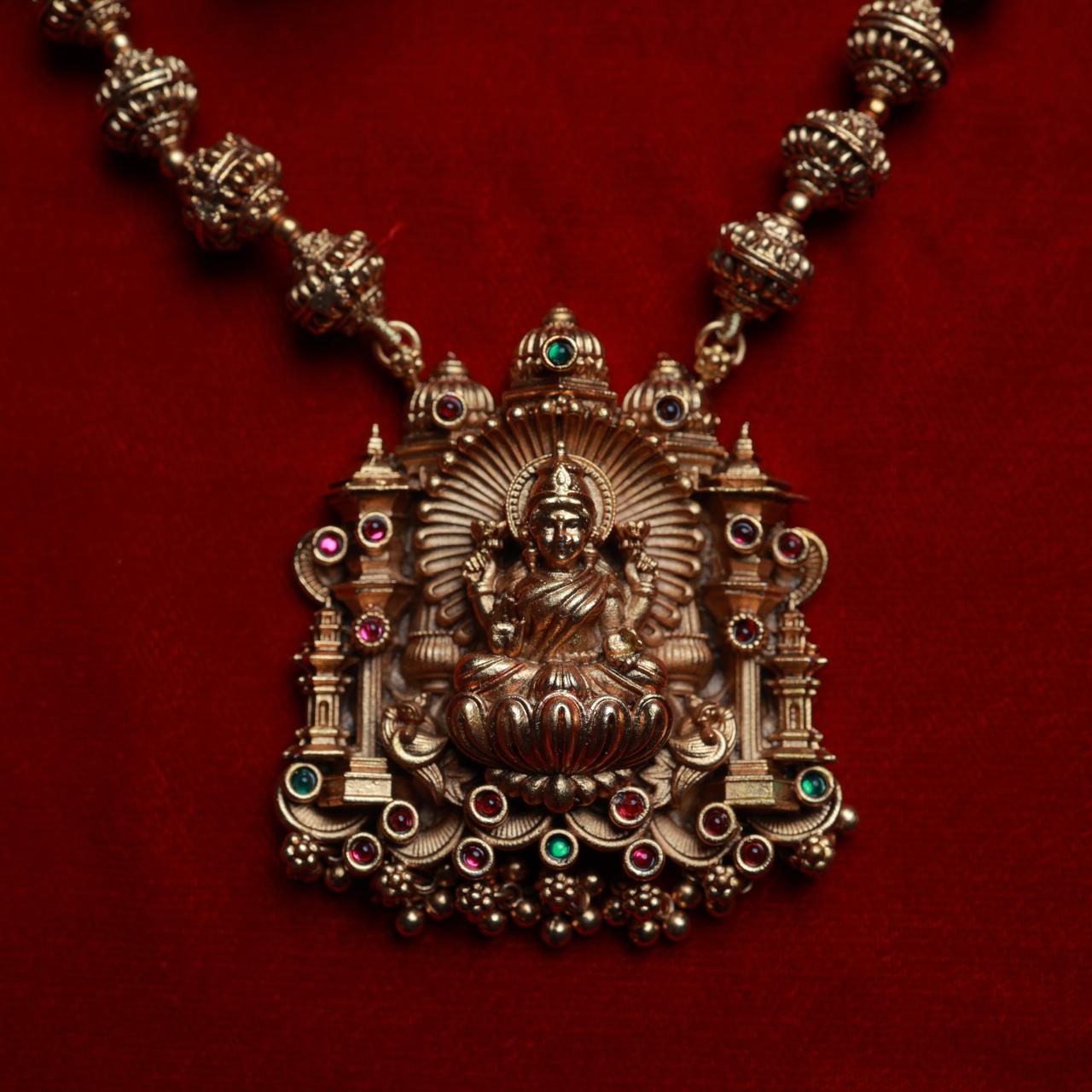 Matte Finish Premium Look Chettinad Design Ball Chain LakshmI Middle Length Haram with Gold Beads H0017-CT70