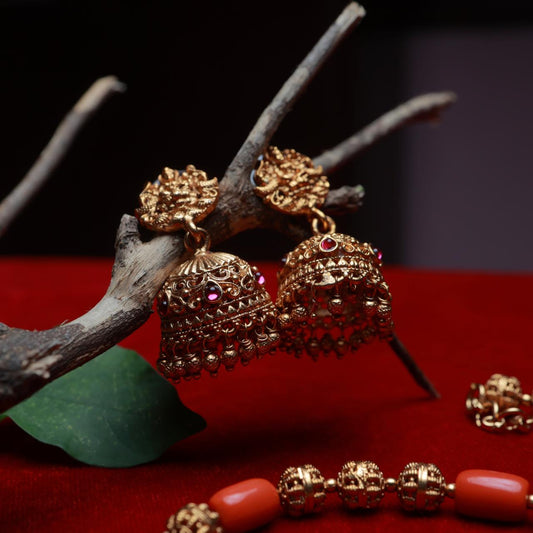 Matte Finish Premium Look Chettinad Design Ball Chain Lakshmi Middle Length Haram with Coral Orange Beads H0012-CT70