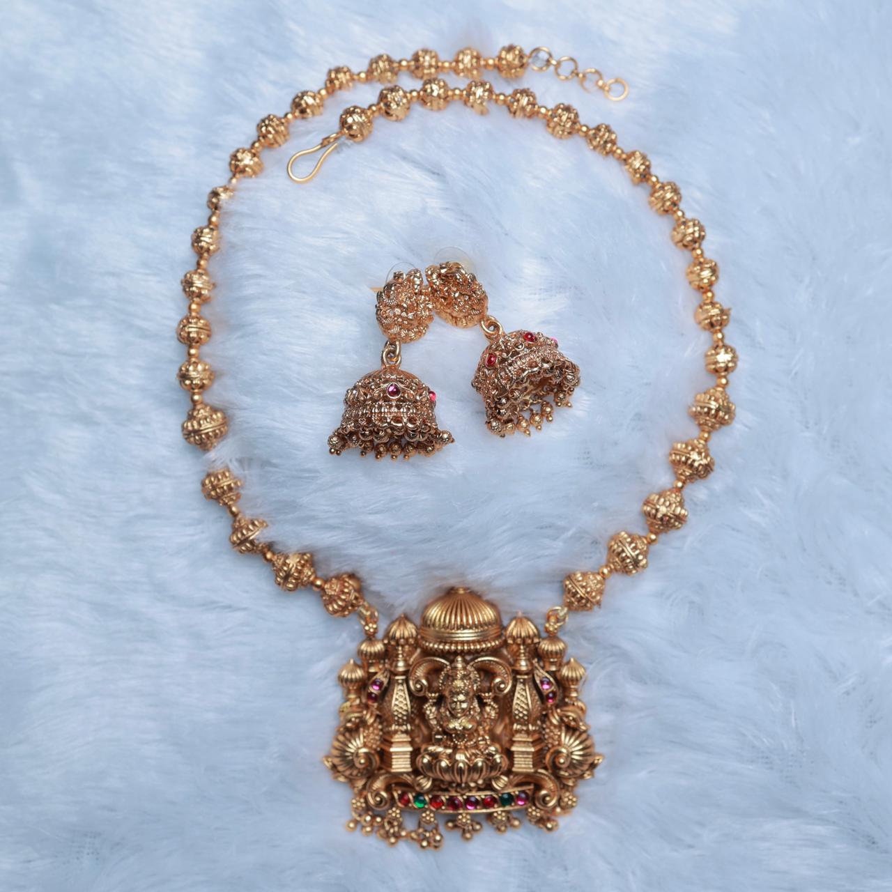 Matte Finish Premium Look Chettinad Design Ball Chain Lakshmi With Side Two Pillars Middle Length Haram with Gold Beads H0015-CT70