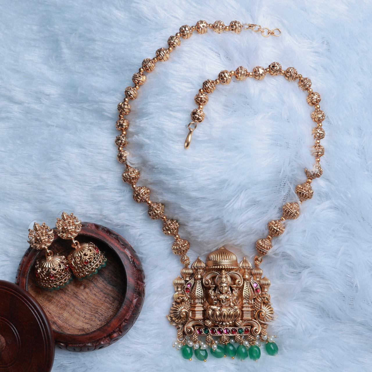 Matte Finish Premium Look Chettinad Design Ball Chain Lakshmi With Side Two Pillars Middle Length Haram with Green Beads H0014-CT70