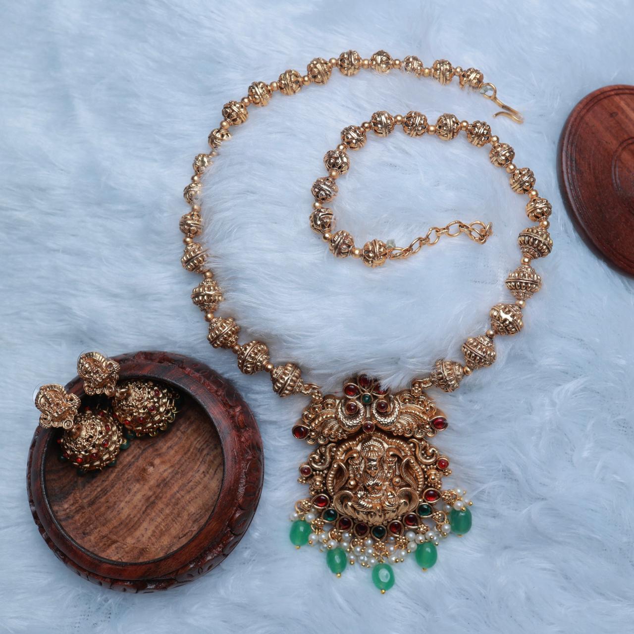 Matte Finish Premium Look Chettinad Design Ball Chain Lakshmi Middle Length Haram with green Beads H0013-CJ50