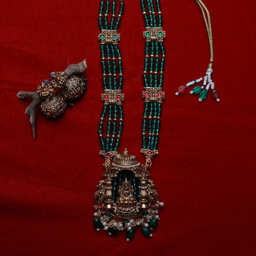 Matte Finish Premium Look Crystal Bead Middle Length Haram with Lakshmi Pendent with matching jhumka H0020-CO51