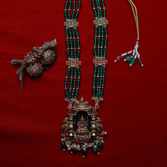 Matte Finish Premium Look Crystal Bead Middle Length Haram with Lakshmi Pendent with matching jhumka H0020-CO51