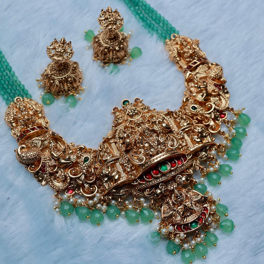 Premium Matte Finish Pastel Green Crystal bead Long Haram With Temple Kopuram Lakshmi Design With Jhumka H0011-CO87