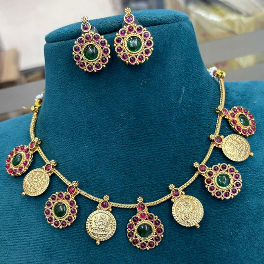 Traditional Matte finish Premium look Coin and Floral Design Necklace with kemp stones N0092-CJ17