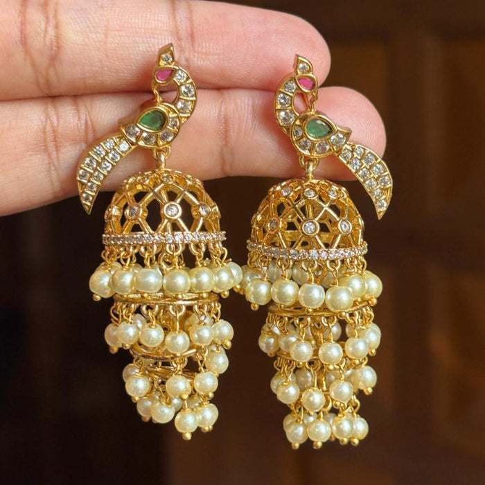 Premium Quality 4 Layer Pearl Jhumka with Peacock Motif Designs with Ad Stones J0043-CI31
