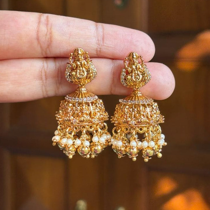 Premium Quality  Jhumka with Lakshmi Designed with Ad Stones Gold Alike Jhumka with Gold Beads  J0045-CI40