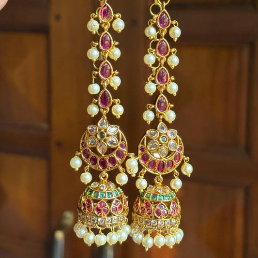 Premium Quality Moon Jhumka with Attached Mattal Floral Pattern Designed with Ruby Red Emerald Green Stones J0044-CI51