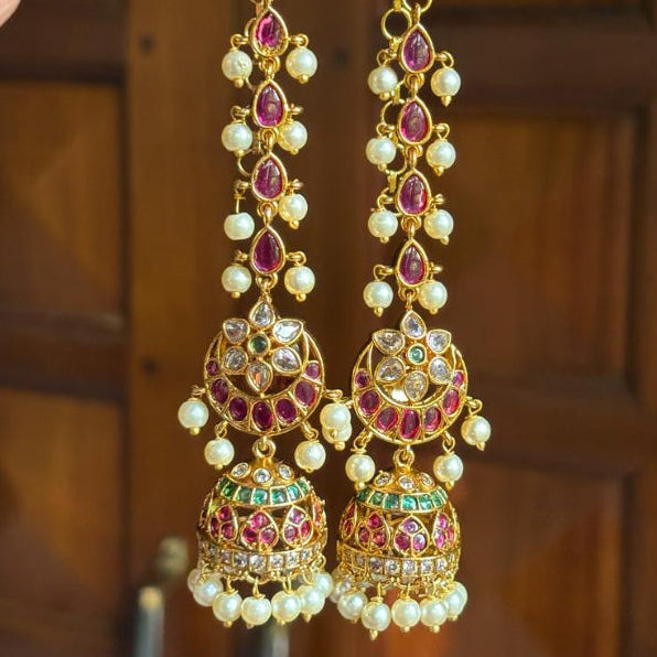 Premium Quality Moon Jhumka with Attached Mattal Floral Pattern Designed with Ruby Red Emerald Green Stones J0044-CI51